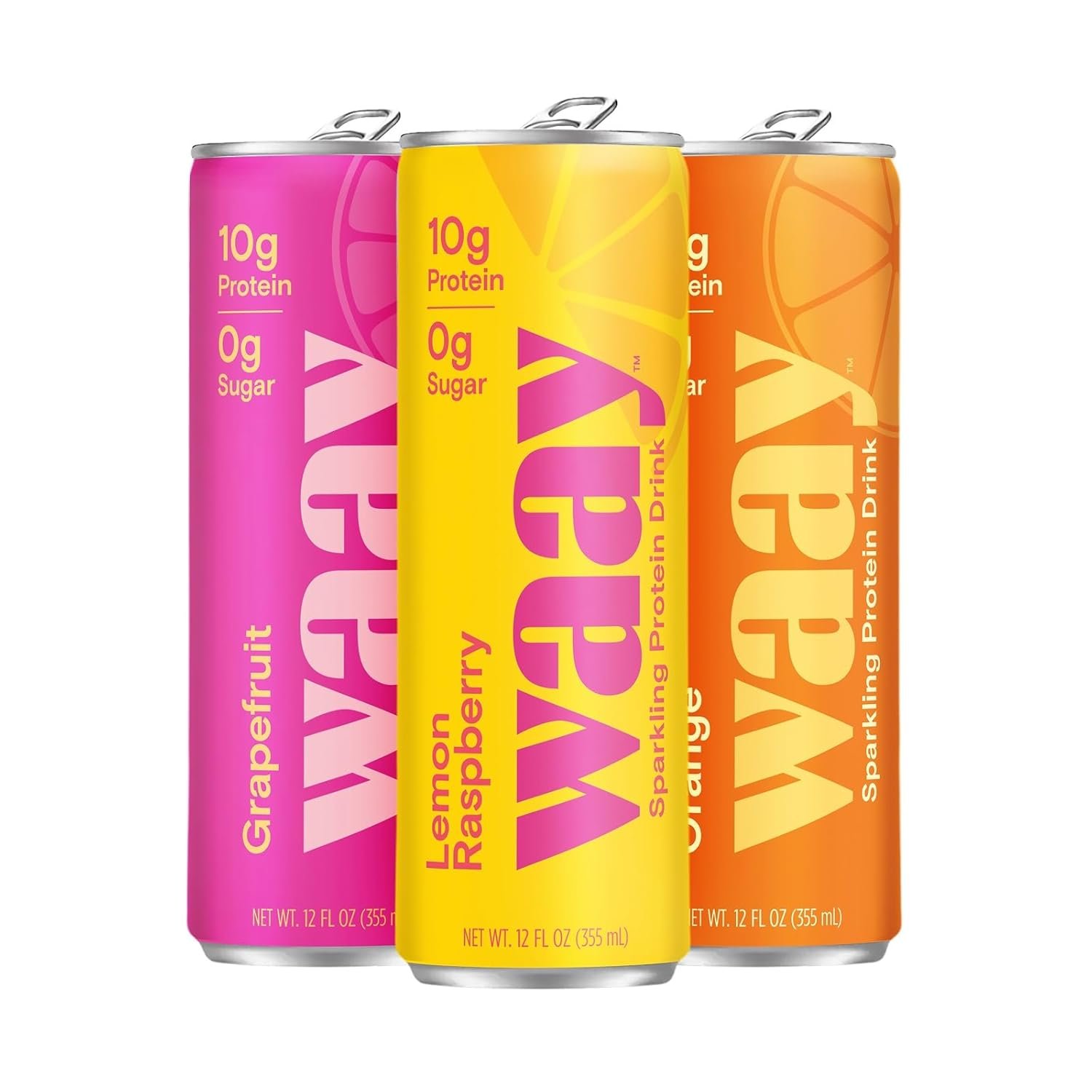 Three cans of sparkling fruit water in pink, yellow, and orange, each labeled with 10g protein and 0g sugar
