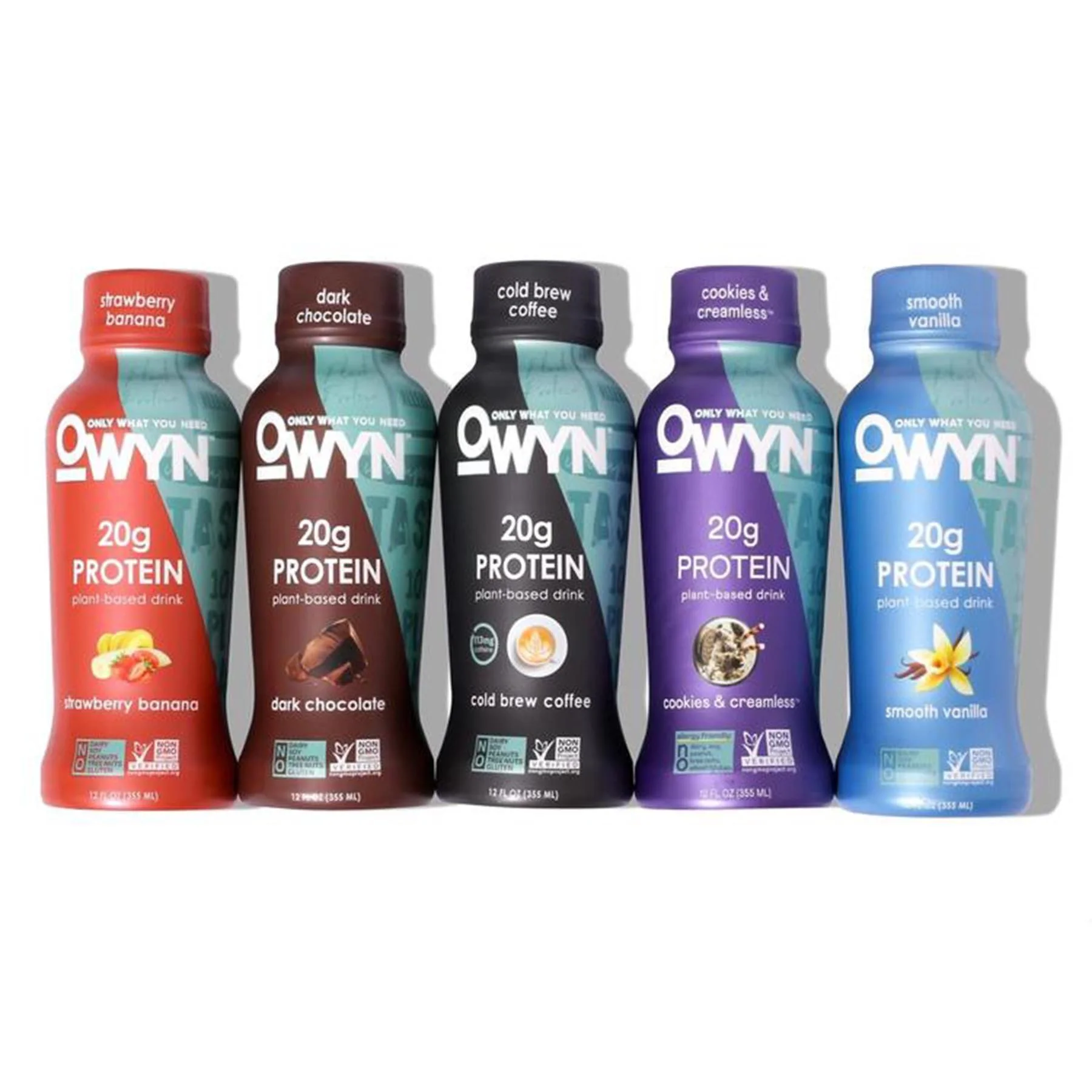 Five OWYN plant-based protein drinks in flavored varieties: strawberry banana, dark chocolate, cold brew coffee, cookies & creamless, and smooth vanilla, arranged in a row.