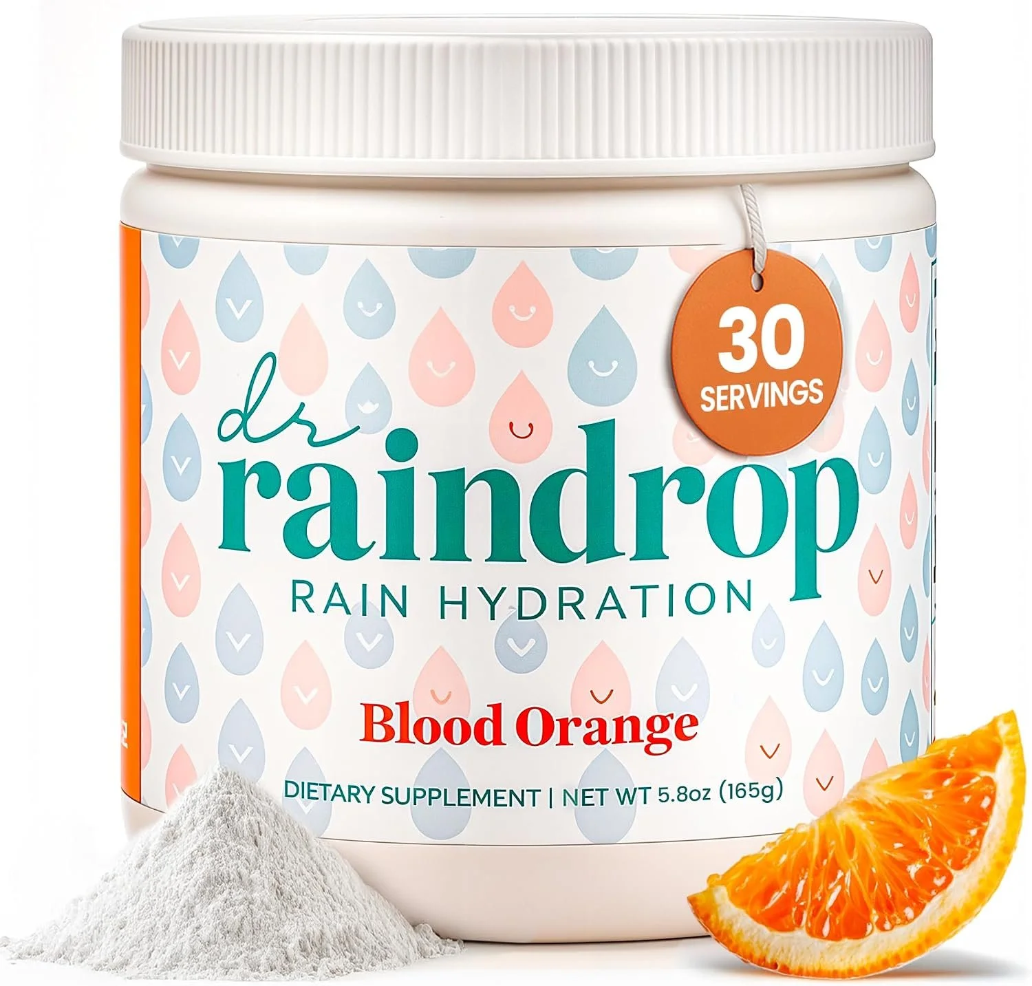 Container of Dr. Rainbow Rain Hydration Blood Orange dietary supplement with an orange slice and powdered supplement in front.