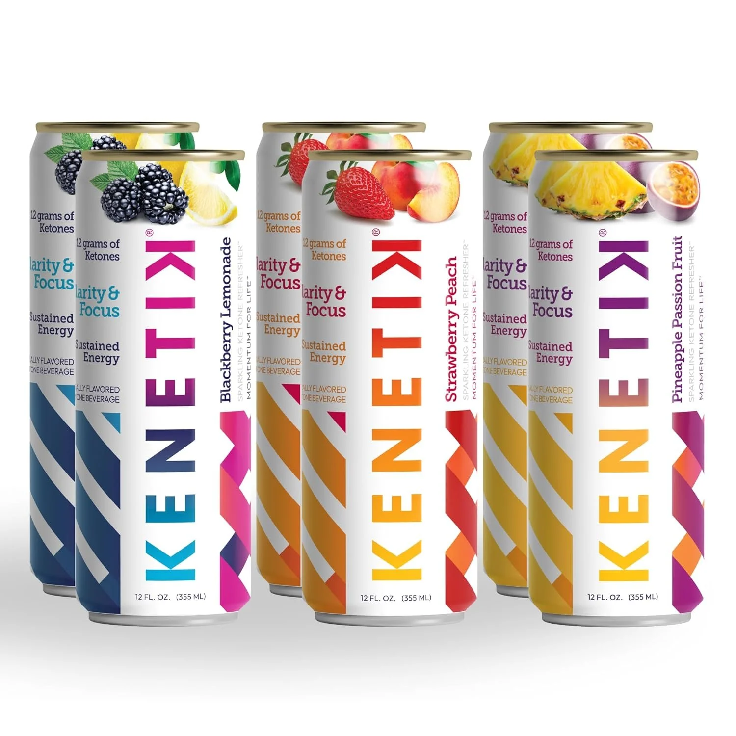 A lineup of five canned energy drinks, each with colorful fruit illustrations and flavor labels, including Blackberry Lemonade, Peach, Passion Fruit, and Pineapple Passion Fruit.