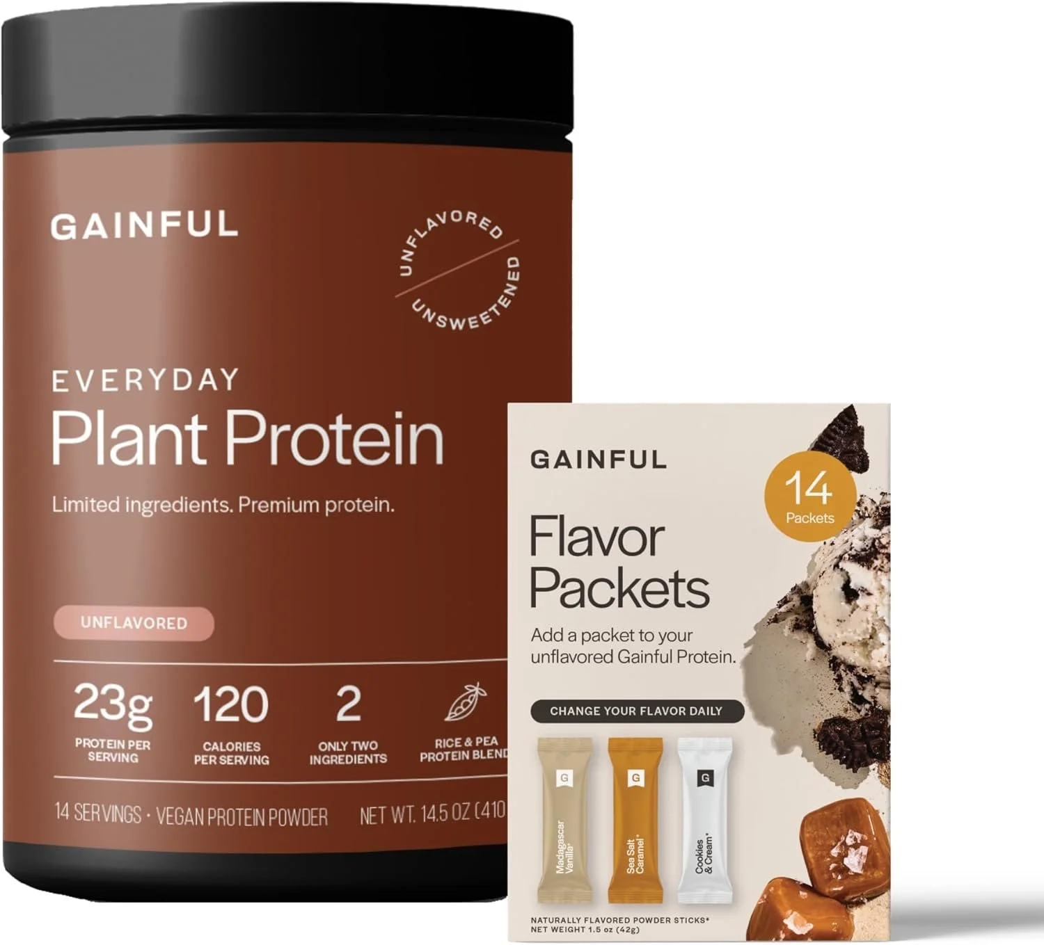 Packaging for Gainful vegan plant protein powder with flavor packets, showing chocolate chips and caramel candies.
