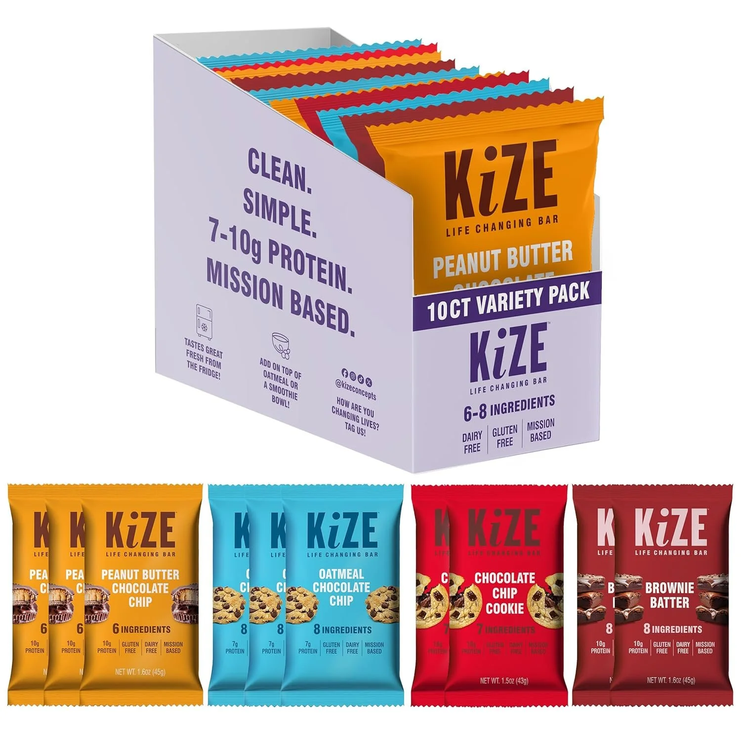 Box of KIZE life-changing bars in assorted flavors, including peanut butter chocolate chip, oatmeal chocolate chip, chocolate chip cookie, and brownie batter, with individual bars shown at the bottom.