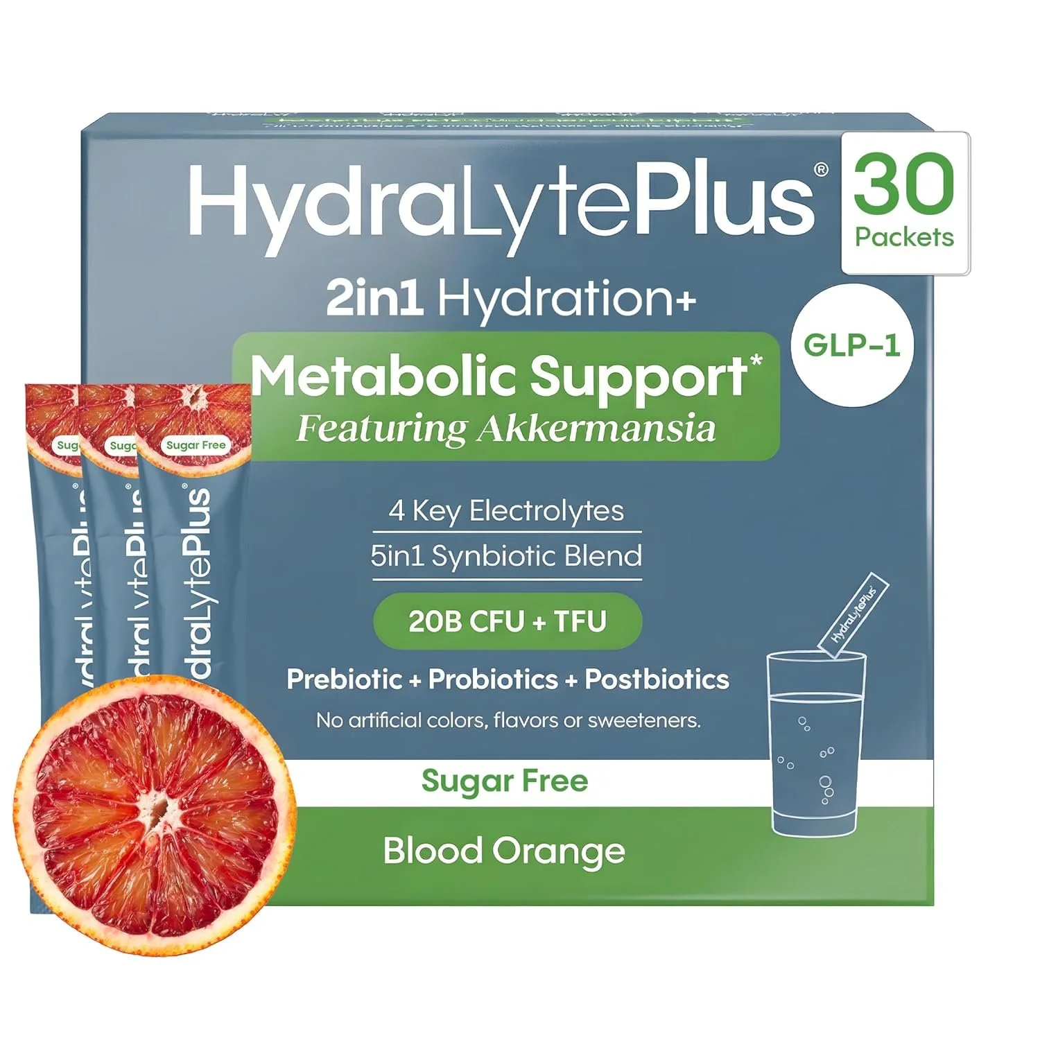 Box of HydralytePlus 2-in-1 hydration electrolyte packets featuring blood orange flavor, with images of blood orange slices, and a glass of water with a straw. The product promotes natural ingredients and probiotics.