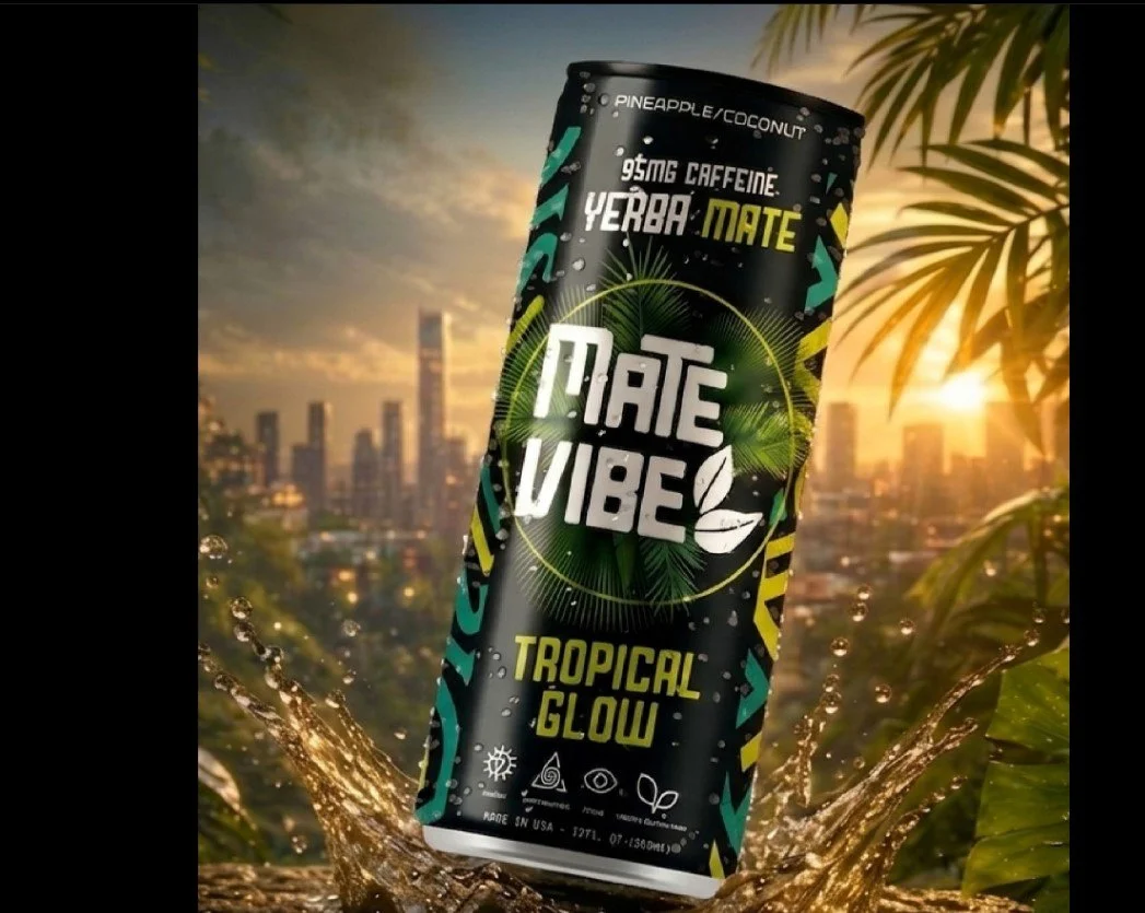 Can of NACE VIBE tropical glow energy drink with pineapple and coconut flavor, caffeine, and yerba mate, against a cityscape at sunset with palm leaves and splash of water.
