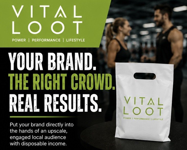 Advertisement for Vital Loot fitness brand featuring a white shopping bag with green and white logo, and a background of two people talking in a gym.