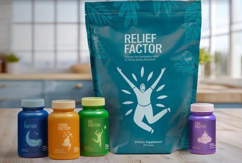A large blue package labeled "Relief Factor" with an illustration of a person jumping joyfully, surrounded by leaves, and smaller bottles of dietary supplements labeled "Z Factor," "Think Factor," "Go Factor," and "Zen Factor" in front of it.