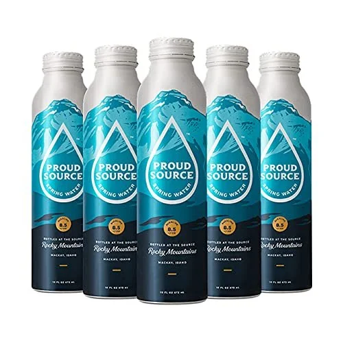 Five bottles of Proud Source spring water with mountain graphics on the label, arranged in a row.