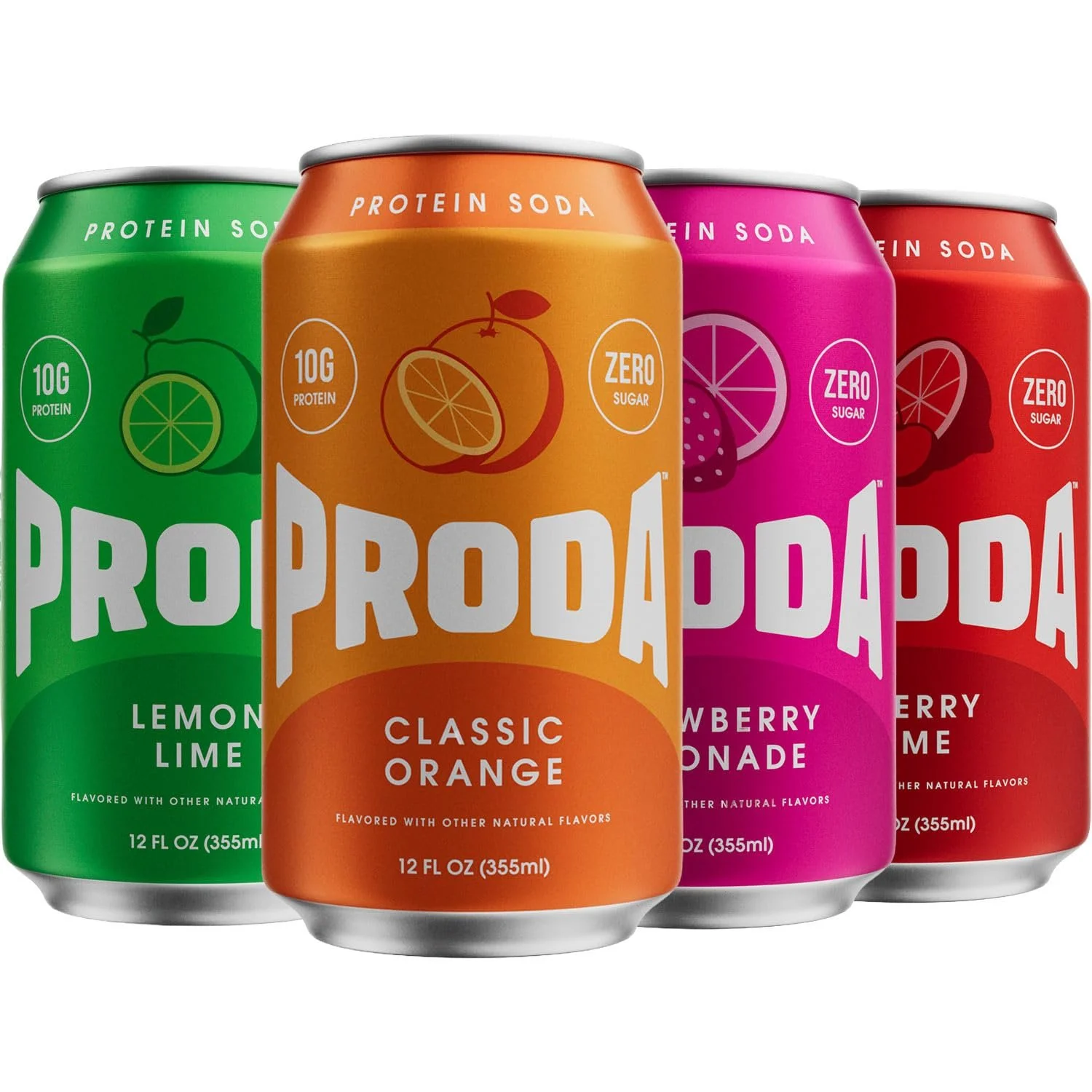 Four cans of PROBAR flavored seltzer drinks in green, orange, pink, and red cans, labeled as lemon lime, classic orange, strawberry lemonade, and cherry lime flavors respectively.
