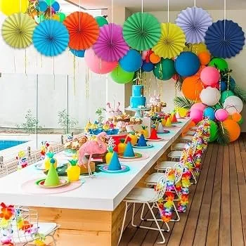 Colorful party decoration setup with balloons, table décor and party accessories for birthdays and special events.