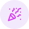 A purple circular icon with a party hat, confetti, and a noisemaker symbol.