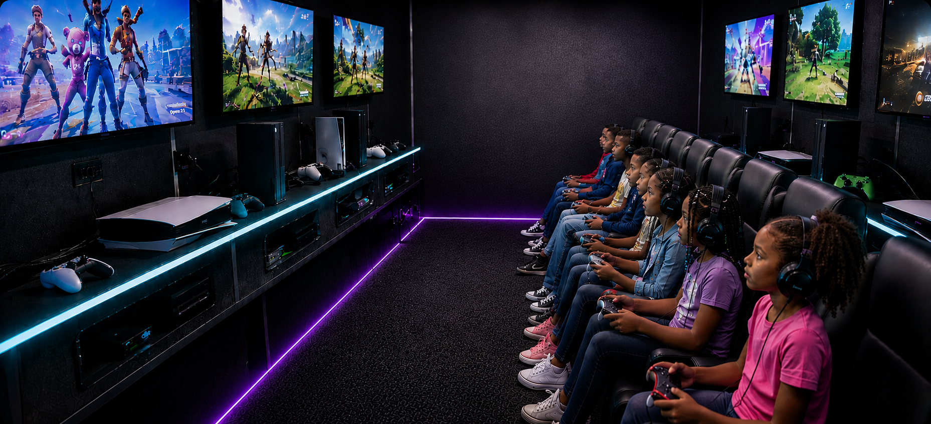 A group of children playing video games in a gaming arcade, sitting in a row with headphones and controllers, with multiple screens displaying a video game in a dimly lit room with neon lighting.