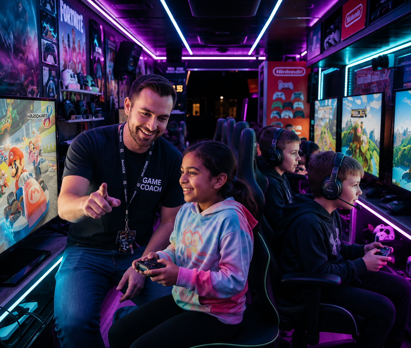 Children playing video games with controllers and headsets inside a mobile gaming trailer.