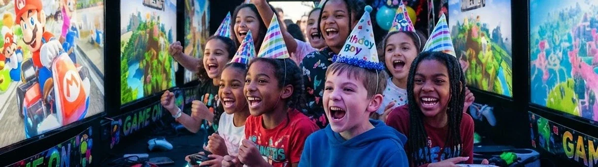 Kids celebrating a mobile video game party with gaming screens and party hats.