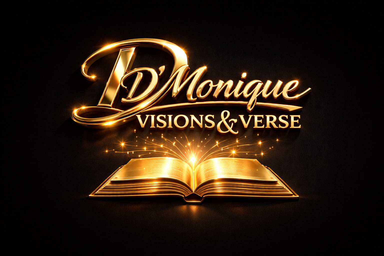 Golden illuminated text reads 'ID Monique VISIONS & VERSE' above an open glowing book with sparkles emanating from its pages, set against a black background.