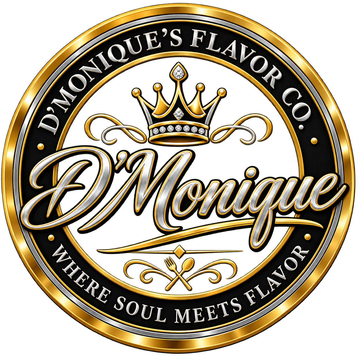 Gold and black circular logo with a crown at the top, the word 'Monique' in large script across the center, and the phrases 'D'Monique's Flavor Co.' at the top and 'Where Soul Meets Flavor' at the bottom.