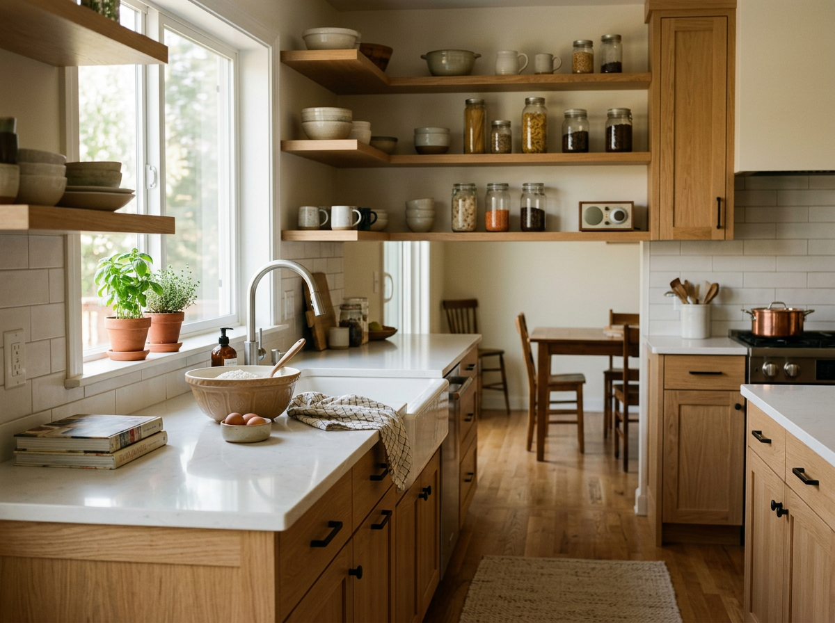 A cozy, well-lit kitchen with open wooden shelves holding bowls, mugs, and glass jars filled with dry goods. A window above the sink lets in natural light, illuminating potted herbs and a countertop with a mixing bowl, eggs, and a dish towel. There is a small table with chairs in the background and a stove with a copper pot on it.