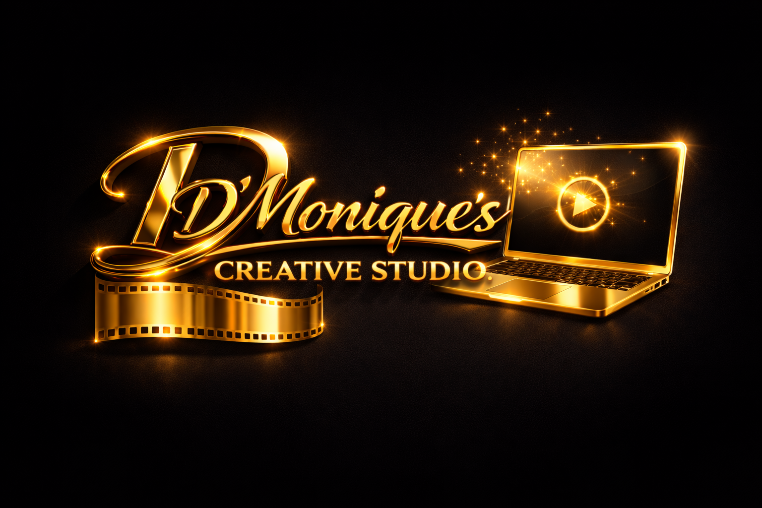 Gold glowing logo for 'D'Monique's Creative Studio' with a film strip under the name and a gold laptop with a play button on the screen, on a black background.