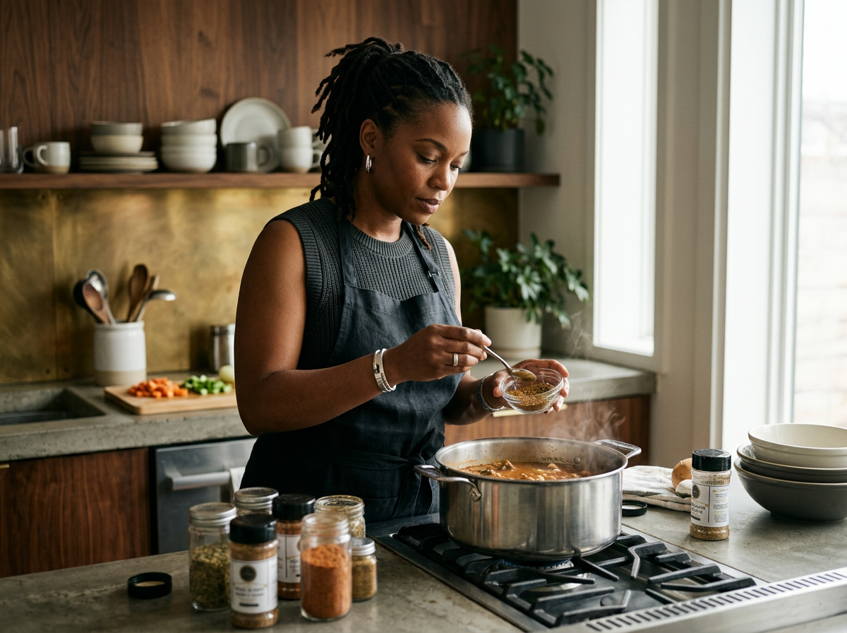 Woman cooking on stove, adding spices from small bowl, in a modern kitchen with open shelving, plates, bowls, and a large window.