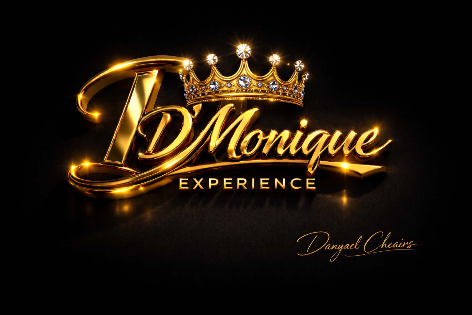 Gold and black logo with a crown and the text 'I D Monique Experience' and the signature 'Danyael Cheairs'.