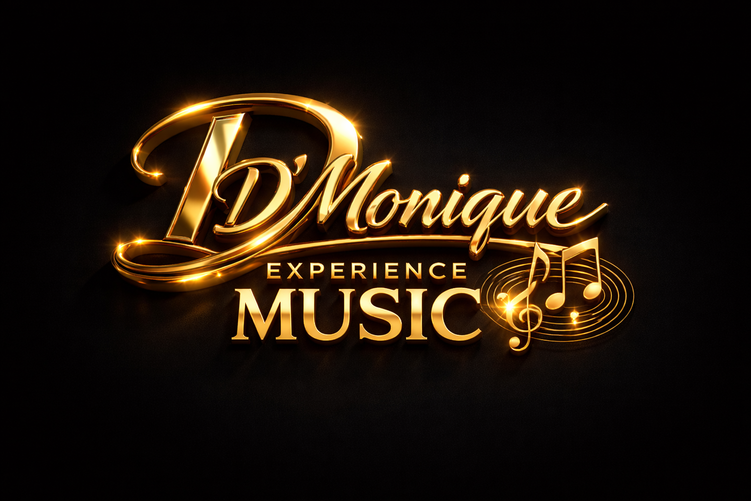 Gold 3D text reading 'D'Monique Experience Music' with musical notes and a treble clef symbol on a black background.
