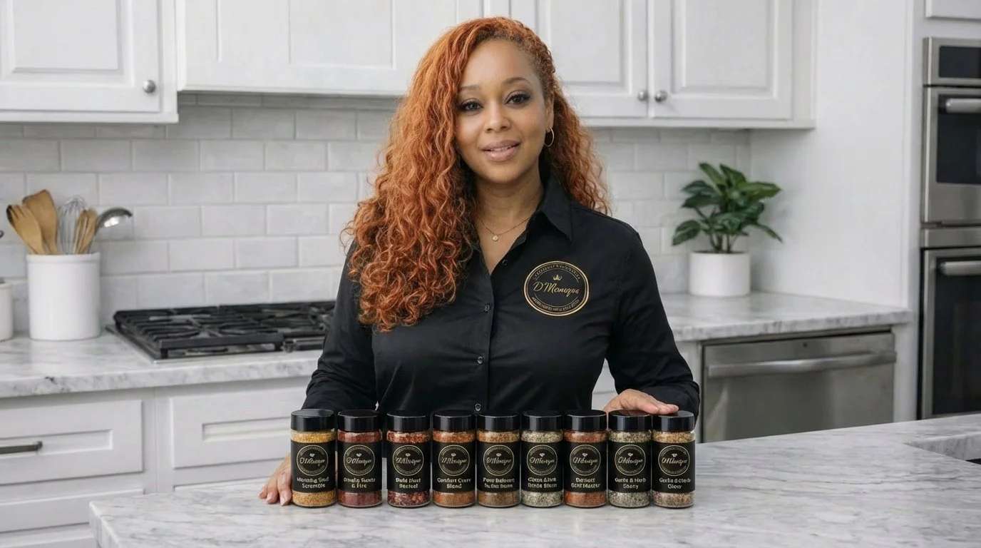 A woman with curly red hair standing in a kitchen behind a marble counter with eight jars of seasoning labeled with different spice names.