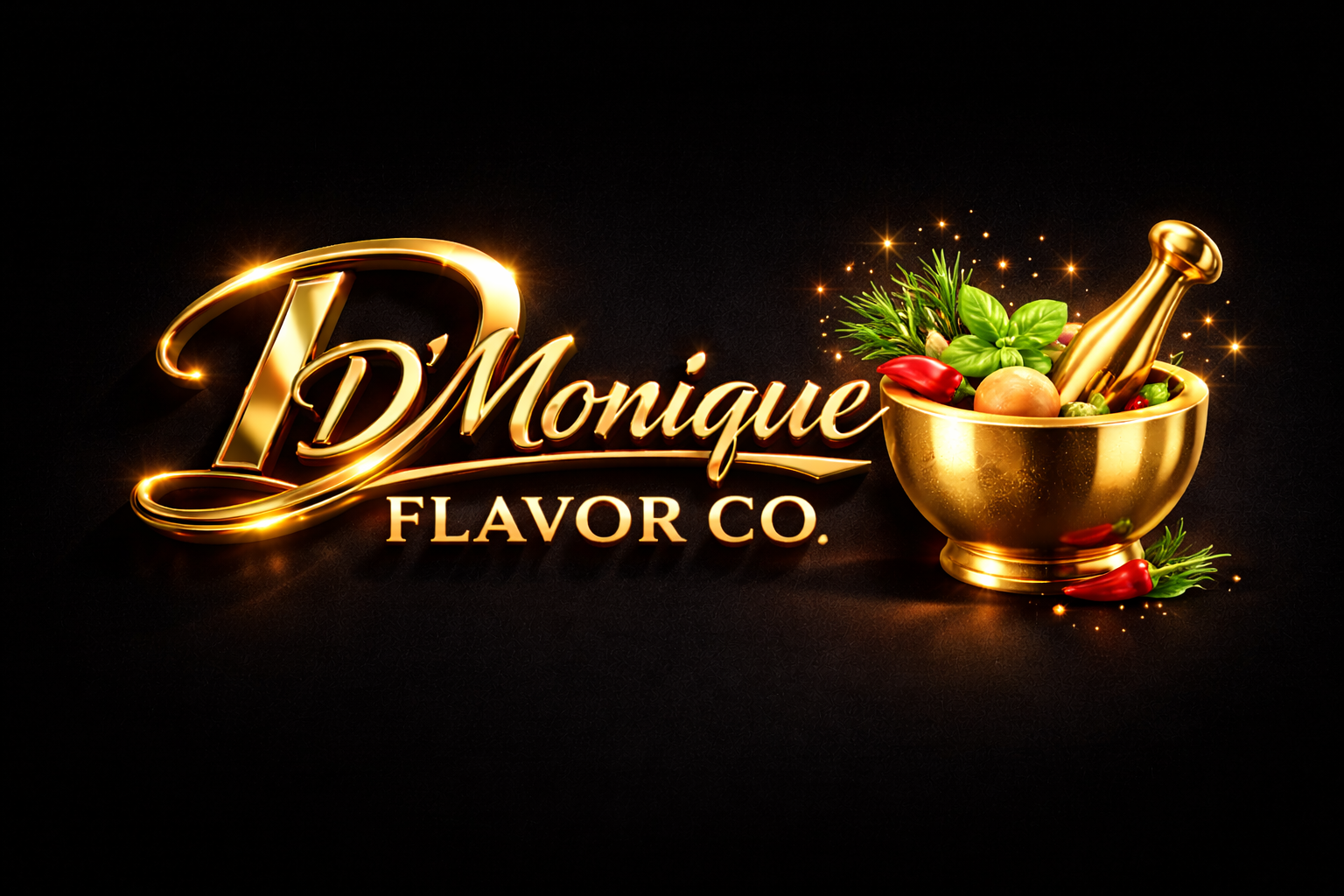 Gold-colored logo for ID Monique Flavor Co. with a decorative bowl filled with herbs, vegetables, and spices, on a black background.