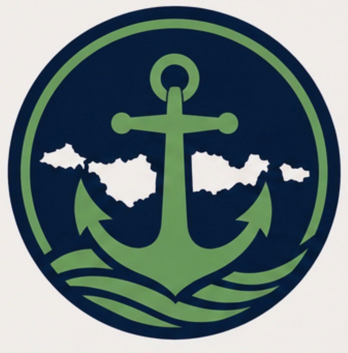 A circular emblem with an anchor in the center, surrounded by clouds and stylized water waves, with a dark blue and green color scheme.