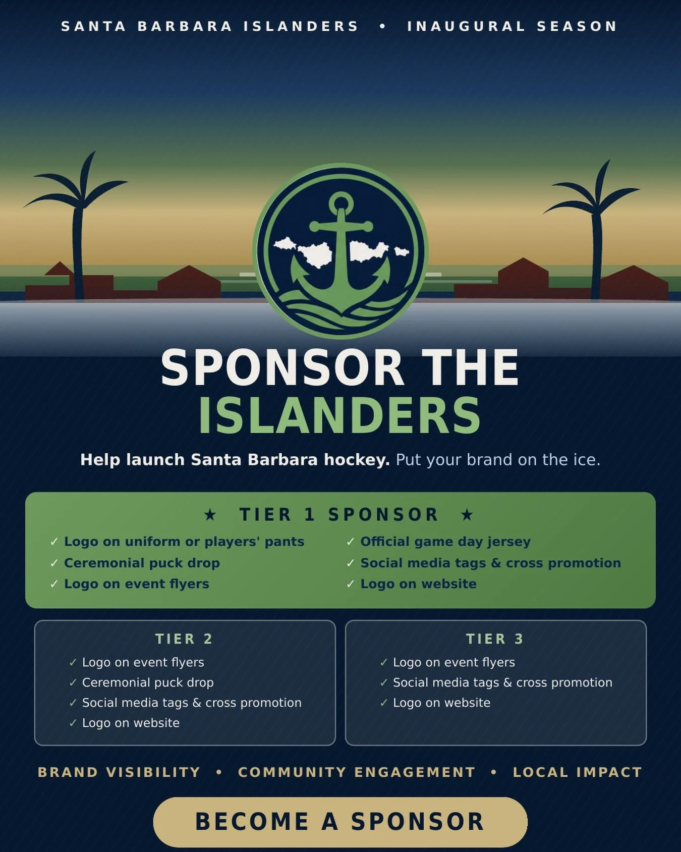 🏒 Be part of Santa Barbara hockey history.
The Santa Barbara Islanders are building something new, and we&rsquo;re looking for local businesses to help us launch. Your sponsorship helps cover uniforms, equipment, travel, and facilities, and puts you