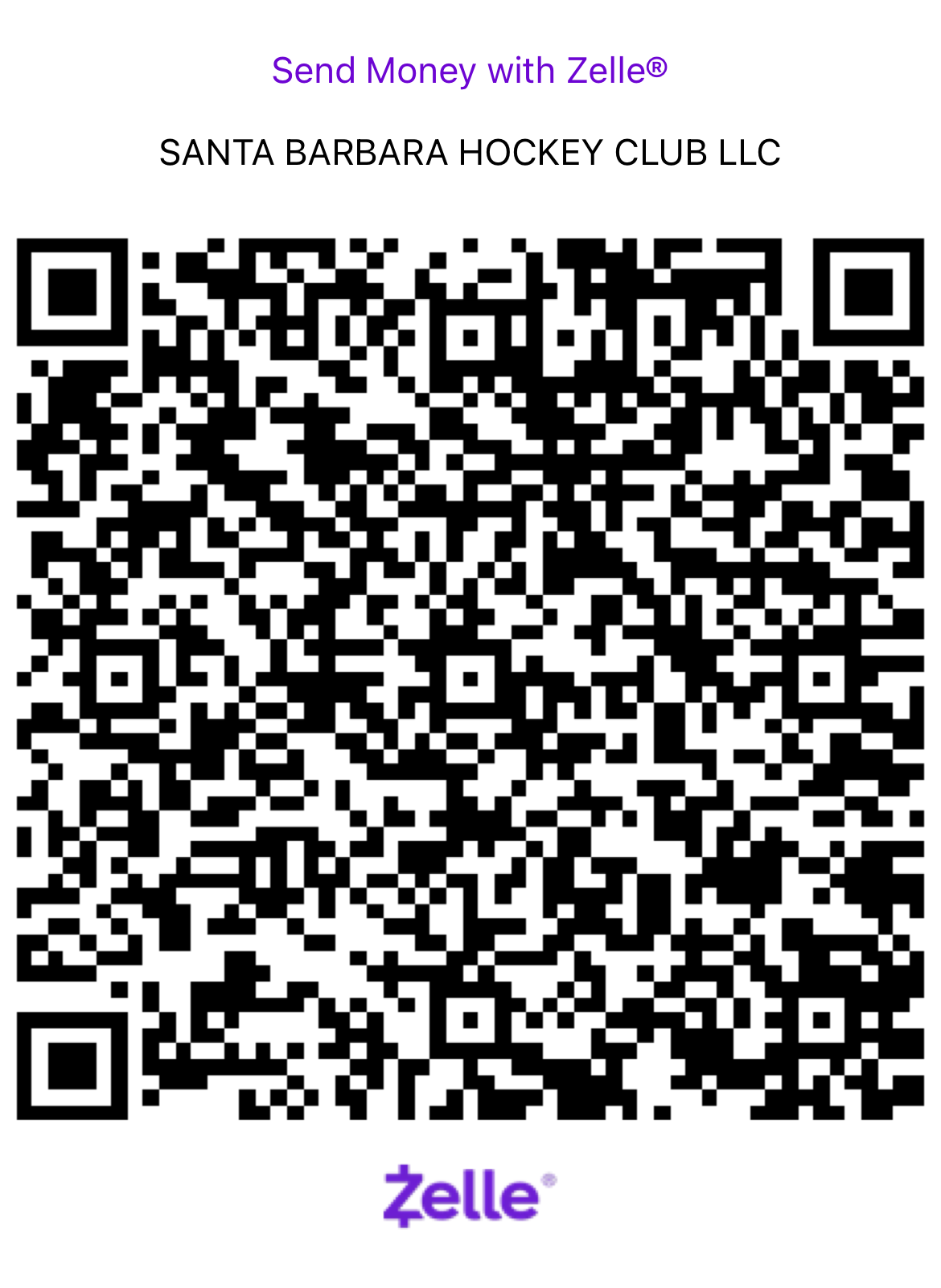 A QR code for sending money with Zelle, associated with Santa Barbara Hockey Club LLC.