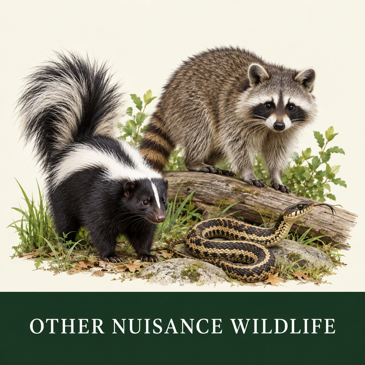 A skunk, raccoon, and snake on a natural background with plants and rocks, with text reading 'Other Nuisance Wildlife.'