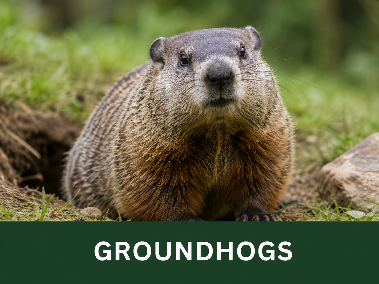 A groundhog looking at the camera on grass and dirt, with a green background and the word 'GROUNDHOGS' written at the bottom.