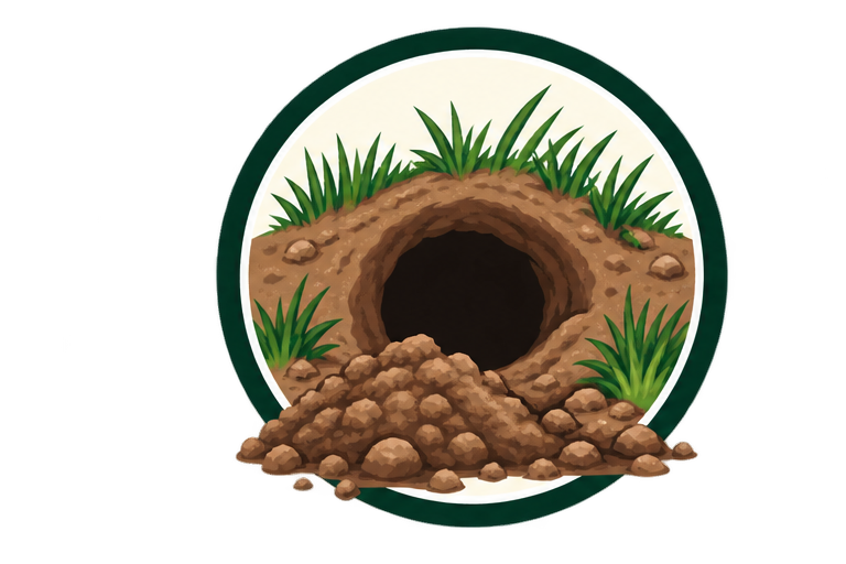 Cartoon illustration of a small animal burrow with dirt and grass around the entrance.