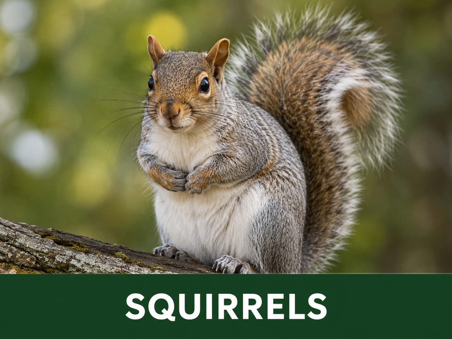 A squirrel standing on a tree branch, facing forward with a bushy tail curled up behind it, in a natural, green outdoor setting.