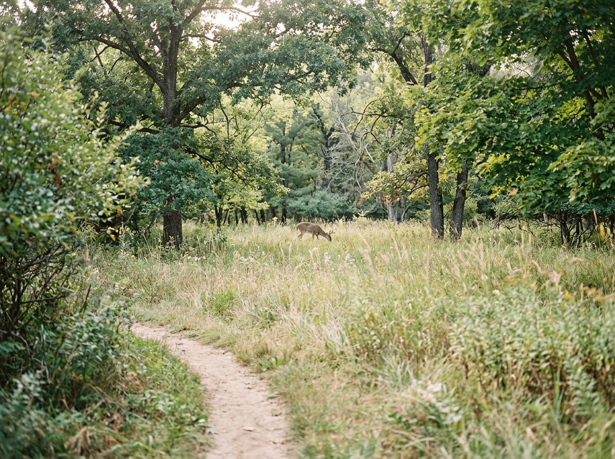 A deer grazing in a grassy clearing surrounded by trees on a forest trail.