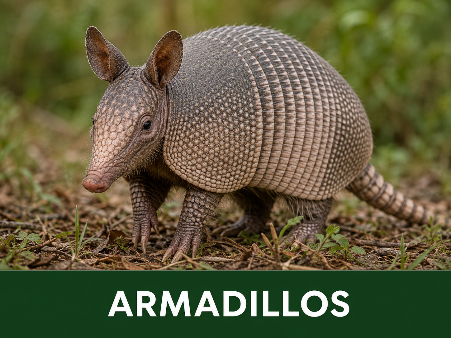 A pink fairy armadillo with a rounded shell and long snout walking on a forest floor with green plants and leaves, labeled 'ARMADILLOS'.