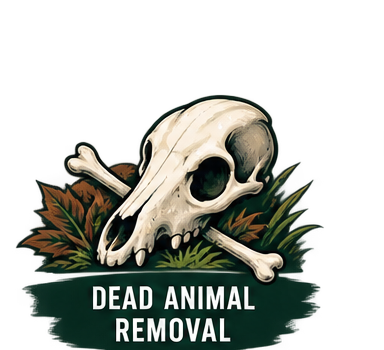Skull of a small animal with crossed bones, placed over plants, with text that reads 'Dead Animal Removal'.
