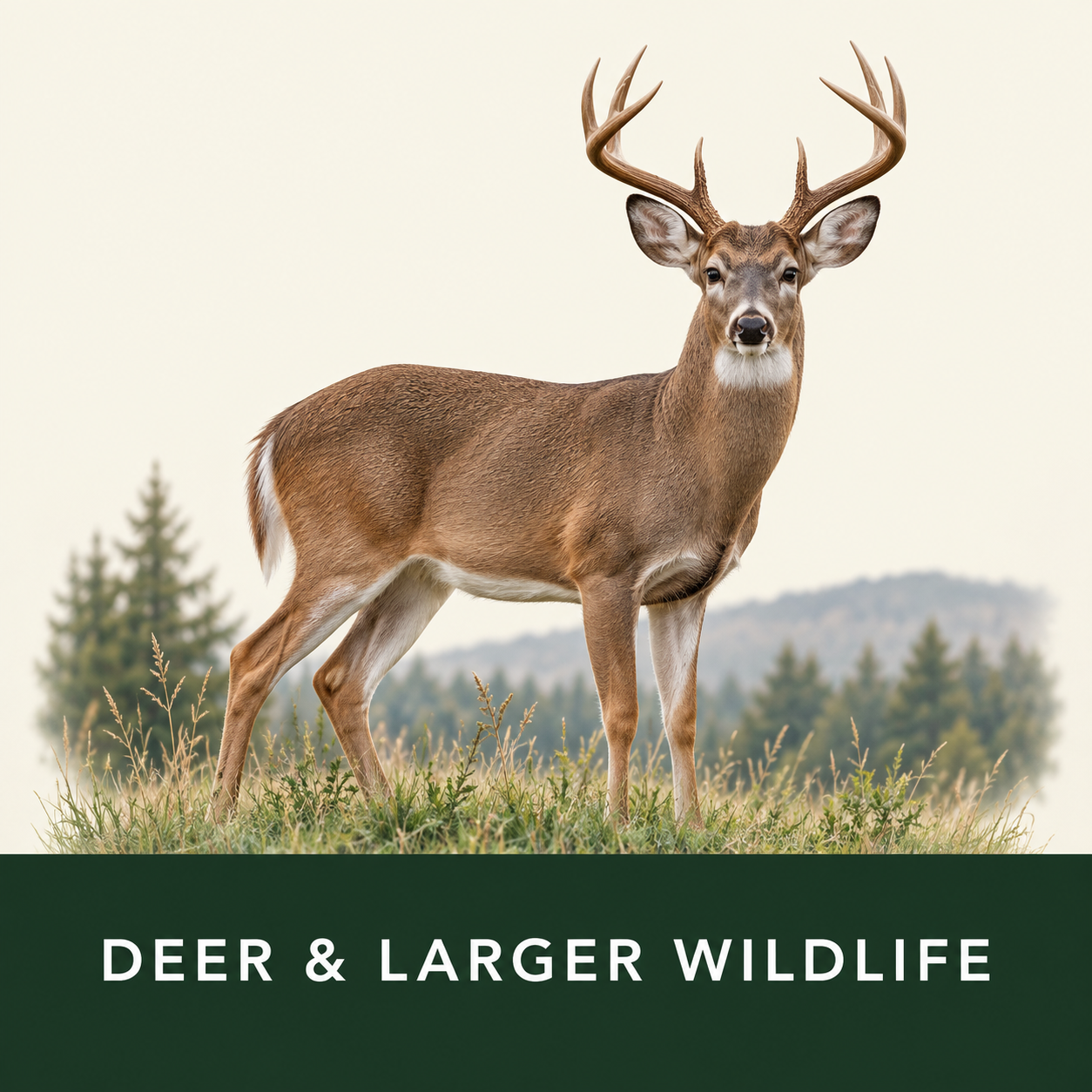 A deer standing in a grassy field with trees and hills in the background, with the text 'Deer & Larger Wildlife' at the bottom.