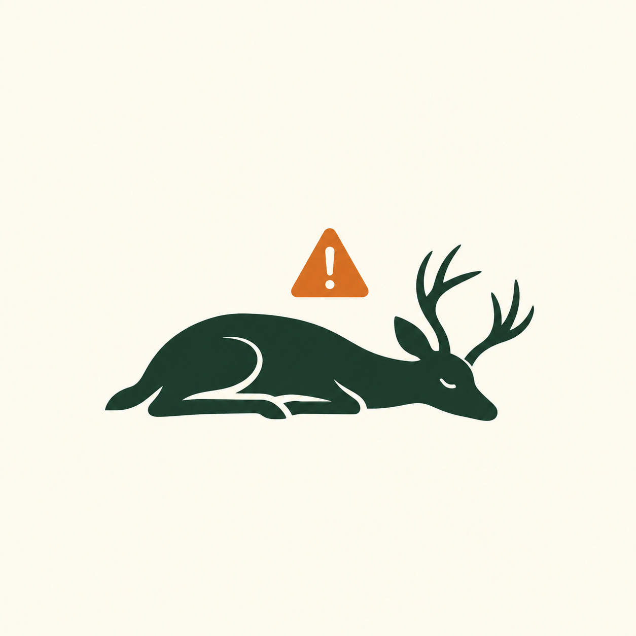 Illustration of a fallen deer with antlers and a warning triangle with an exclamation mark above it.