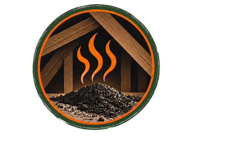 A logo featuring a pile of coal with steam rising from it, within a wooden structure background and a circular border.