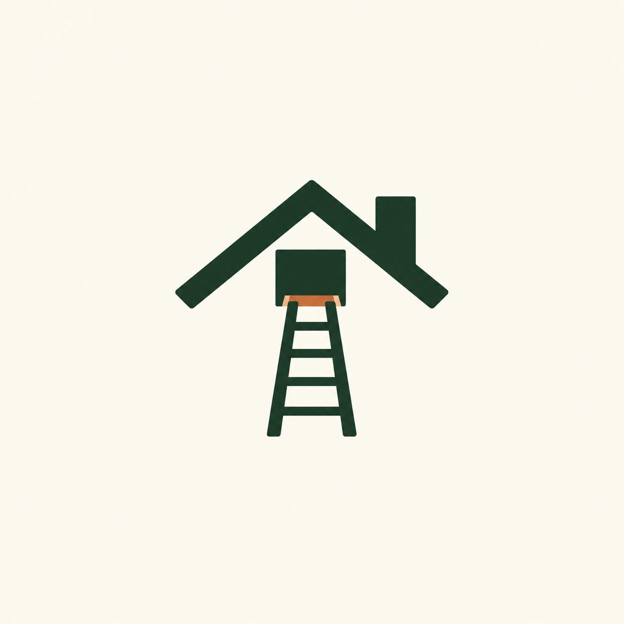 Illustration of a house shape in dark green with a ladder beneath it, suggesting home maintenance or repair.