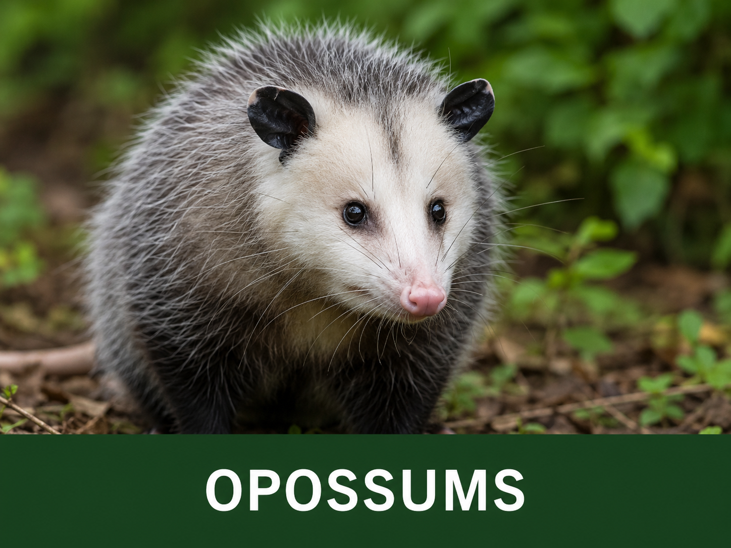 A close-up of an opossum standing on the ground among green foliage.