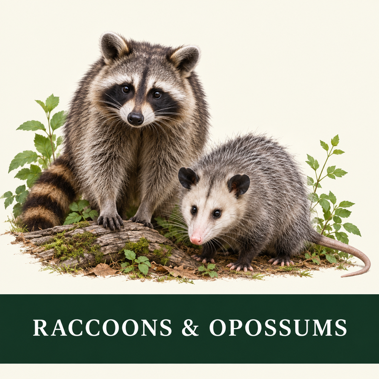 A realistic illustration of a raccoon and an opossum on a log with green foliage, with the text 'Raccoons & Opossums' at the bottom.