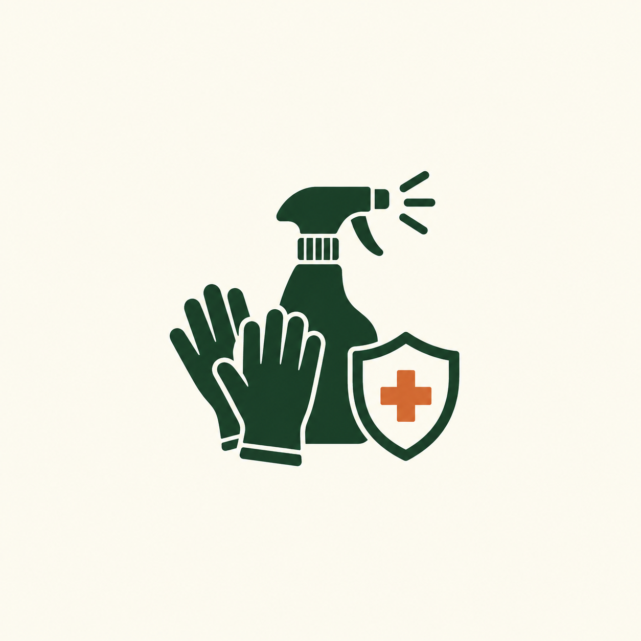 Icon of a spray bottle, gloves, and shield with a red cross, representing cleaning and sanitation for health safety.
