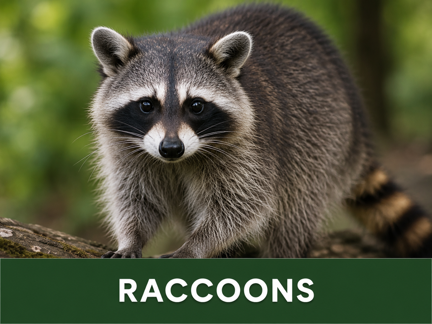 Close-up of a raccoon standing on a tree branch, with a background of green foliage.