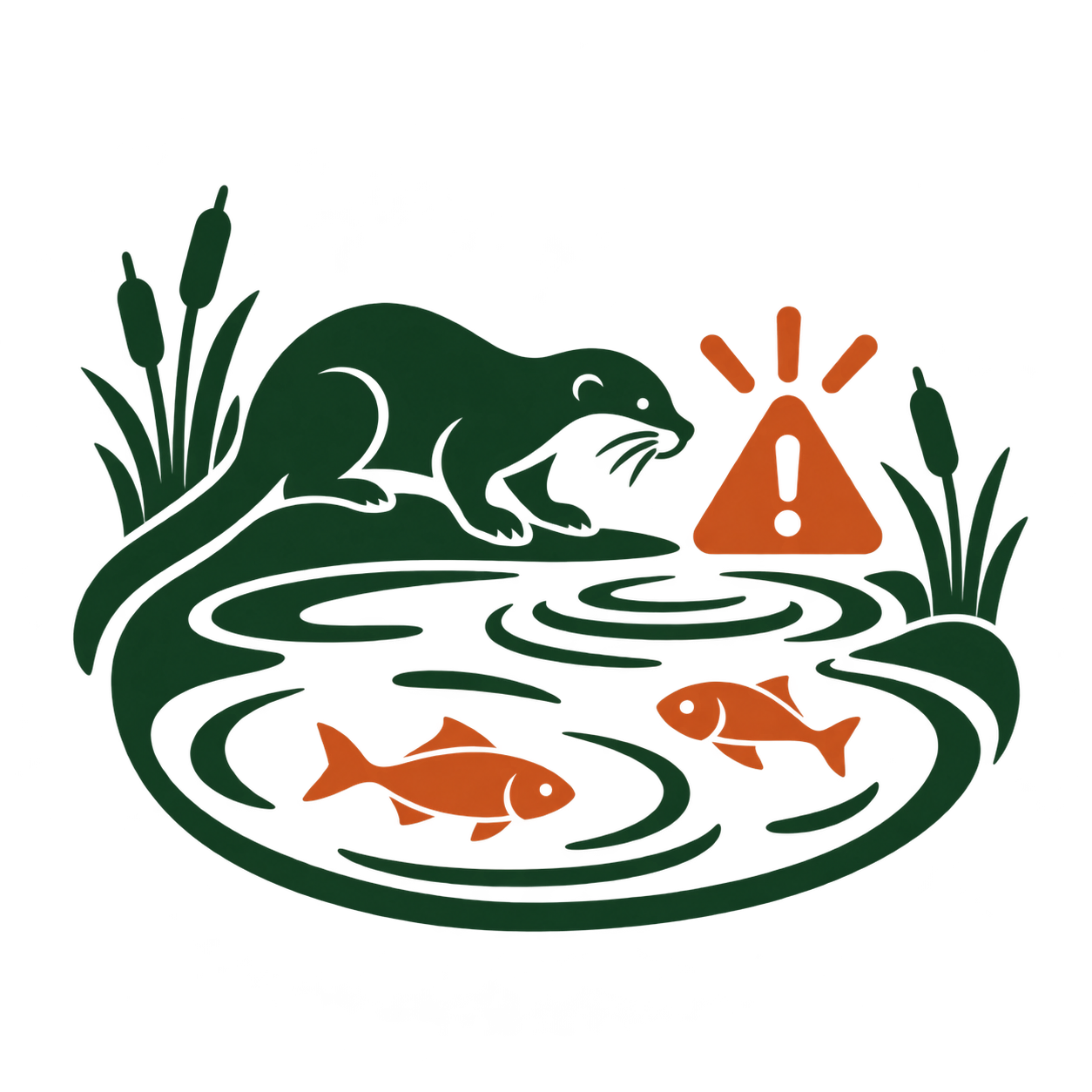 A stylized illustration of a beaver by a pond with two fish, cattails, and a warning sign with an exclamation mark.