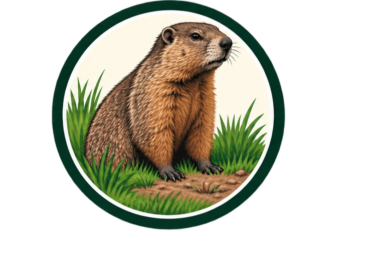 Illustration of a prairie dog sitting on grass with dirt in front, inside a circular frame.