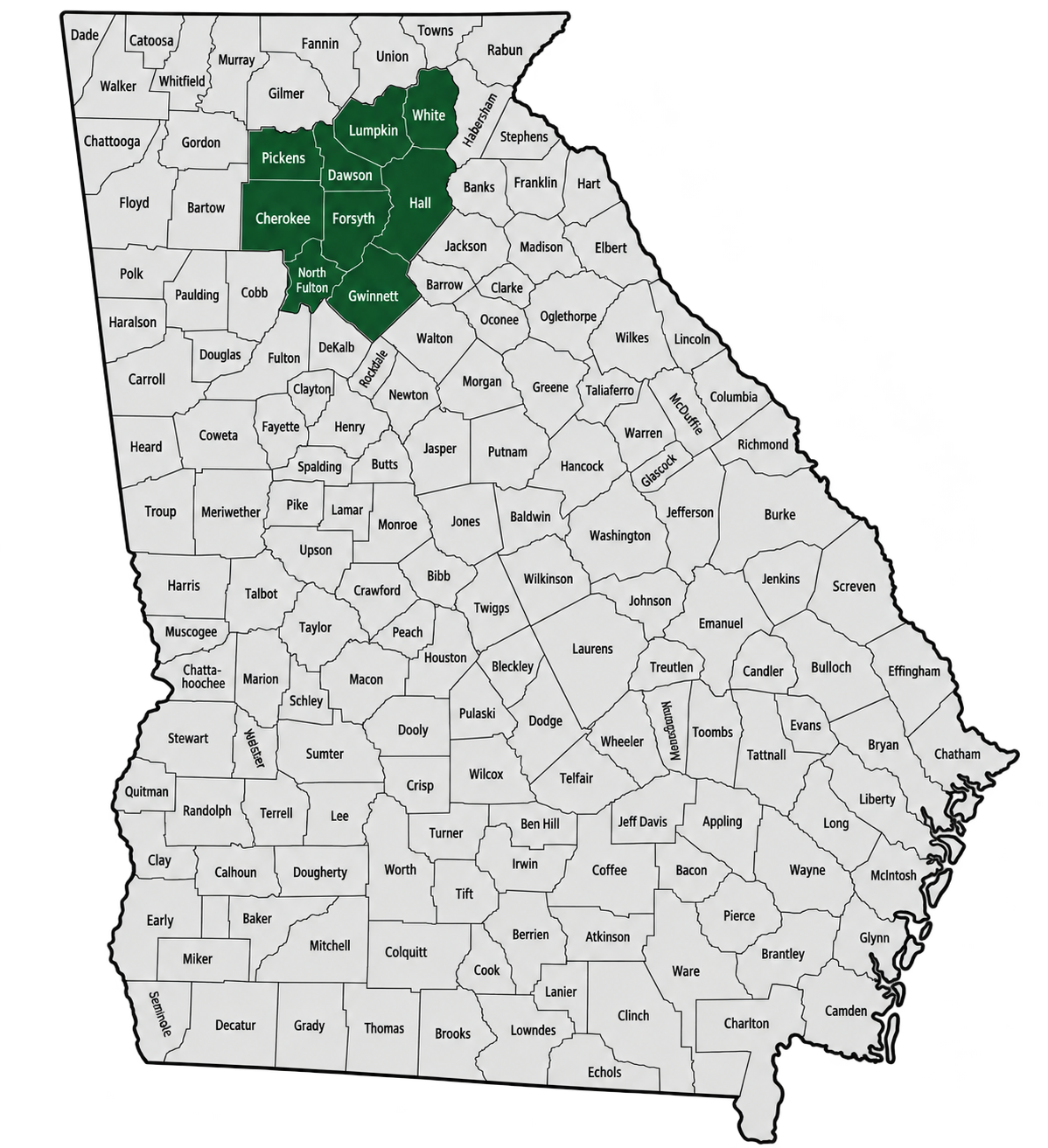 Map of Georgia with several counties highlighted in green, including Gwinnett, North Fulton, Cherokee, Forsyth, Hall, Lumpkin, Pickens, and White.