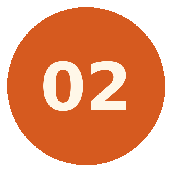 Round orange badge with the number '02' in large white text in the center.
