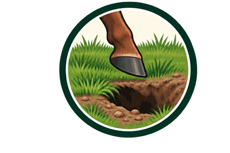 A person using a hoe to dig a hole in the ground with grass around it.