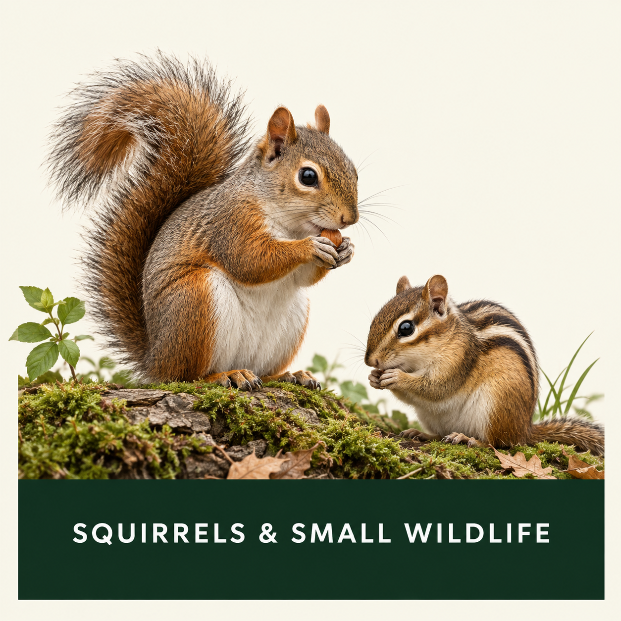 Two squirrels, one larger and one smaller, sitting on a mossy log. The larger squirrel is holding a nut and the smaller one is eating a nut. There is greenery and fallen leaves around them. The text below reads 'Squirrels & Small Wildlife'.